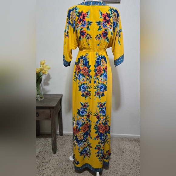 Flying Tomato Yellow Maxi Dress with Blue Peach Floral Print Size Large - Picture 5 of 11